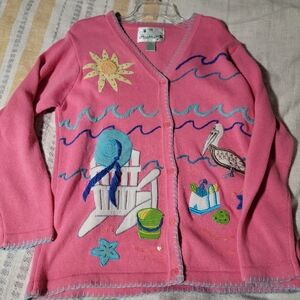 The Quacker Factory Medium Pink Beach Scenes Cardigan with Button Covers